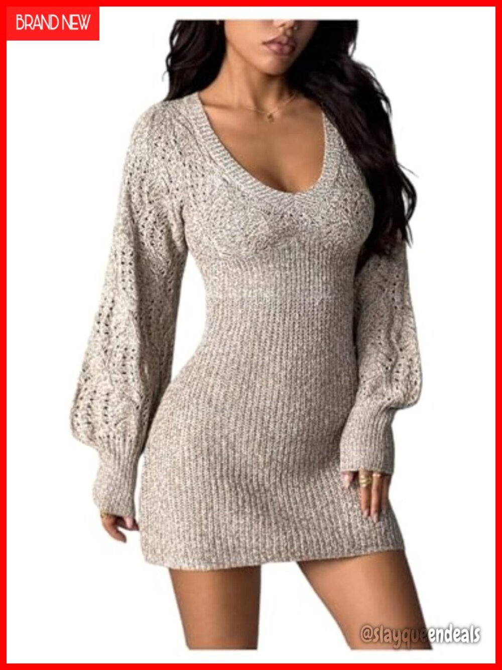 Crochet Knit V Neck Long Sleeve Mini Sweater Dress Bodycon Fall Winter